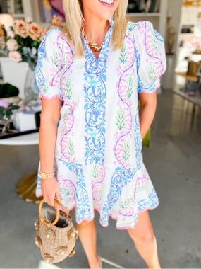 Women's White Floral Puff-Sleeve Summer Dress - Pink & Blue